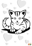 Chaton curieux parmi des coeurs &agrave; colorier